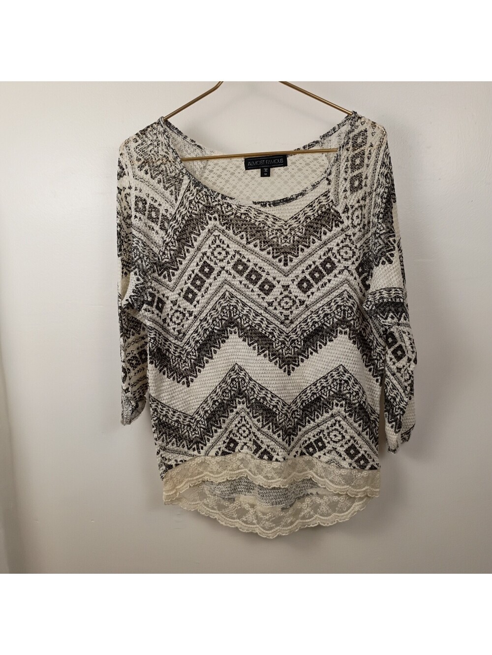 Almost Famous Lightweight Women’s Lace Panel Trim Shirt Size M Black White Aztec